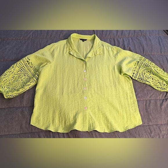 John Mark Boho Button Up Tunic Crochet Sleeve in Lime Green Wire Collar Sz 1X - Picture 10 of 10
